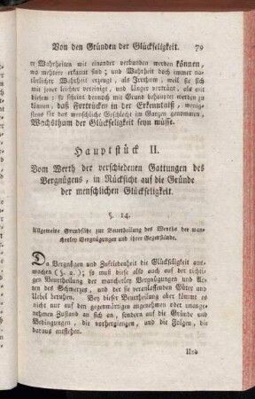Hauptstück II. Vom Werth der verschiedenen Gattungen des Vergnügens, in Rücksicht auf die Gründe der menschlichen Glückseligkeit.