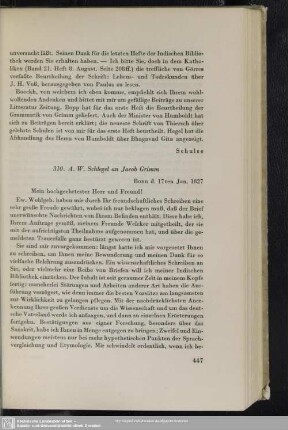 August Wilhelm von Schlegel an Jacob Grimm, Bonn, 17.01.1827