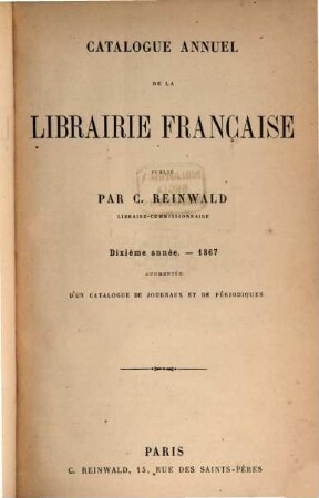 Catalogue annuel de la librairie française pour, 10