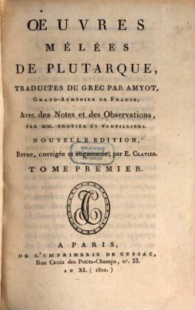 Oeuvres mêlées de Plutarque, 1