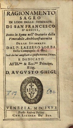 Ragionamento sagro in lode delle stimmate di San Francesco d'Assisi