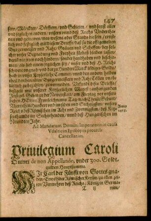 Privilegium Caroli Quinti de non Appellando, under 300. Goldtgulden Haupsumma.