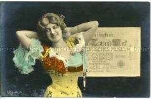 Postkarte mit Frau und Geldschein
