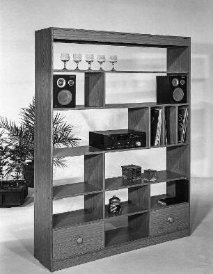 Regal : Ribnitz-Damgarten. VEB Möbelkombinat Ribnitz-Damgarten. Hausmesse, 1986. Regal. Holz, folienbeschichtet in Eichenholzoptik (1986; VEB Möbelwerk Plau)
