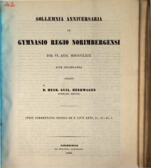 Sollemnia anniversaria in Gymnasio Regio Norimbergensi ... rite celebranda indicit. 1869