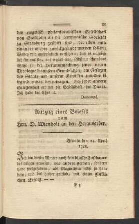 Auszug eines Briefes vom hrn. D. Wienholt an den Herausgeber