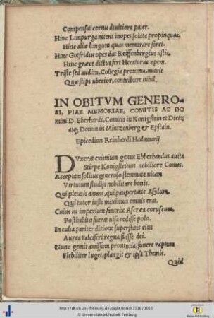 IN OBITVM GENEROSI, PIAE MEMORIAE, COMITIS AC DOmini D. Eberhardi, ...