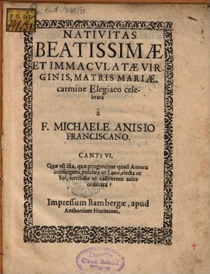 Nativitas Beatissimae Immacvlatae Virginis Matris Mariae carmine elegiaco celebrata