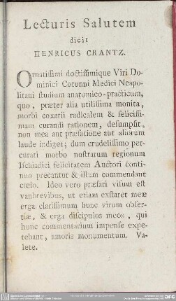 Lecturis Salutem dicit Henricus Crantz
