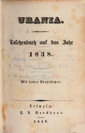 Urania : Taschenbuch auf das Jahr ..., 1838