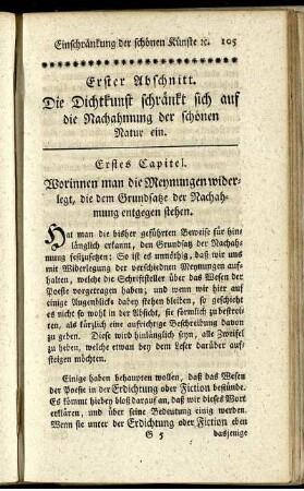 Erstes Capitel. Worinnen man die Meynungen widerlegt, die dem Grundsatze der Nachahmung entgegen stehen.