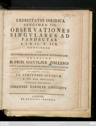 Specimen 7: Observationes Singvlares Ad Pandectas Lib. II. T. IIX. Continens