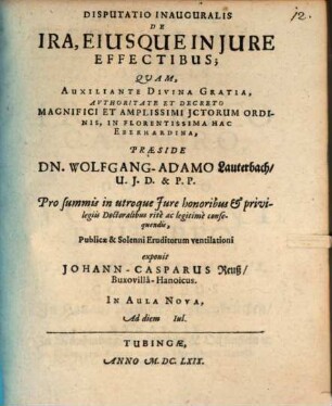 Disp. inaug. de ira eiusque in iure effectibus