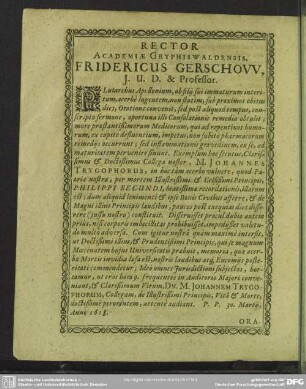 Rector Academiae Gryphiswaldensis Fridericus Gerschow, Fridericus Gerschow, J.U.D. & Professor