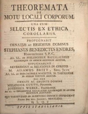 Theoremata de motu locali corporum : una cum selectis ex ethica corollariis