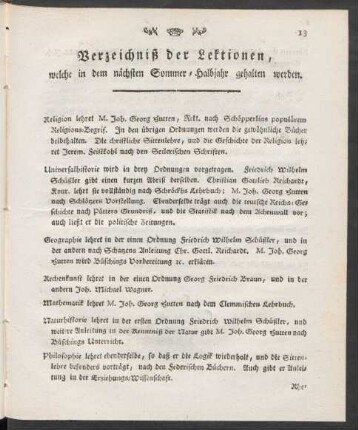 Verzeichniß der Lektionen, welche in dem nächsten Sommer-Halbjahr gehalten werden