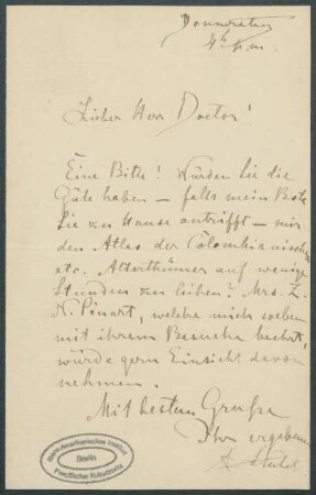Donnerstag [Brief von Alphons Stübel an Max Uhle]