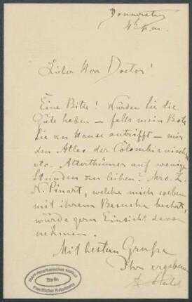 Donnerstag [Brief von Alphons Stübel an Max Uhle]