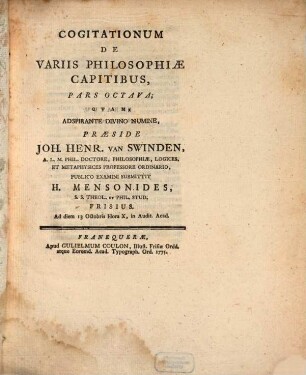 Cogitationum de variis philosophiae capitibus pars octava