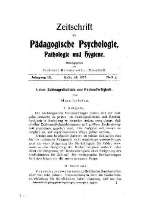 Ueber Zahlengedächnis und Rechenfertigkeit