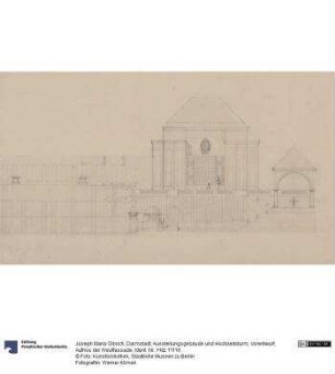 Darmstadt, Ausstellungsgebäude und Hochzeitsturm, Vorentwurf, Aufriss der Westfassade