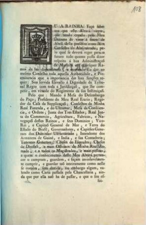 Eu A Rainha. Faço saber aos que este Alvará virem, que tendo creado pelo Meu Decreto de vinte e sinco de Abril deste presente anno hum Conselho de Almirantado, ... : [Dado no Palacio de Quéluz em vinte de Junho de mil setecentos noventa e sinco]