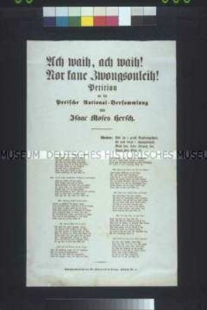 Satirisches Flugblatt: Ach waih! Ach waih! Nor kane Zwongsonleih (Isaac Moses Hersch); undatiert