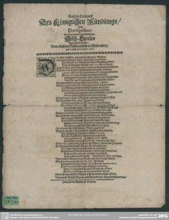 Kurtzer Entwurff des Königl. Fündlings, oder Dorispillens welcher in zwey Misch-Spielen vorgestellet wurde ... : Gedicht