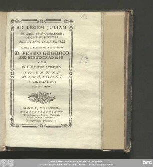 Ad Legem Juliam De Adulteriis Coercendis Deque Pudicitia : Disputatio Inauguralis