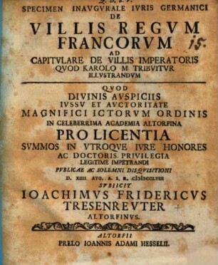 Specimen inaug. iuris germ. de villis regum Francorum