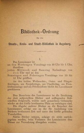 Bibliotheks-Ordnung für die Staats- Kreis- und Stadtbibliothek in Augsburg