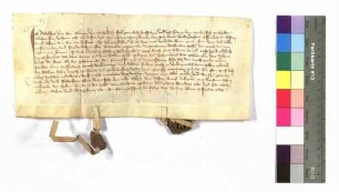 Adelheid von Rot, Götzen von Michelfeld's Hausfrau, verkauft an die Frühmeß zu Neuenstein den halben Hof zu Hohebuch; Siegel: Adelheid und Götz von Michelfeld.