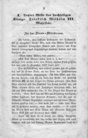 I. Letzter Wille des hochseligen Königs, Friedrich Wilhelm III. Majestät.