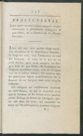 Procès-Verbal Des signes caractéristiques auxquels on peut reconnoître la falsification d'Assignats de 400 livres, de la Création du 21 novembre 1792.