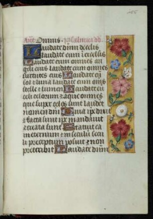 Trompe l'oeil-Randbordüre mit insekten und Blütenzweigen; Zierinitiale: L(audate dominum),
