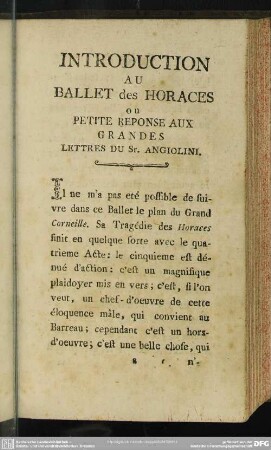 Introduction Au Ballet des Horaces ou Petite Reponse Aux Grandes Lettres Du Sr. Angiolini