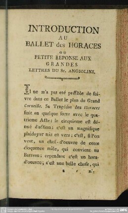 Introduction Au Ballet des Horaces ou Petite Reponse Aux Grandes Lettres Du Sr. Angiolini