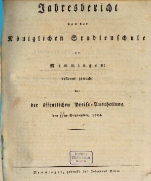 Jahresbericht von der Königlichen Studienschule zu Memmingen, 1823/24 (1824)