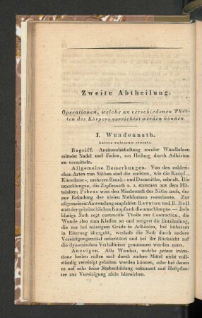 Zweite Abtheilung. Operationen, welche an verschiedenen Theilen des Körpers verrichtet werden können.