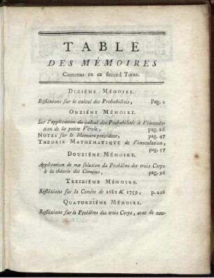 Table des Mémoires