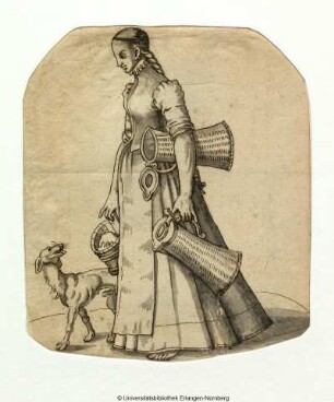 Frau mit zwei Kannen und einem Butterkübel, von einem Hunde begleitet, nach links schreitend
