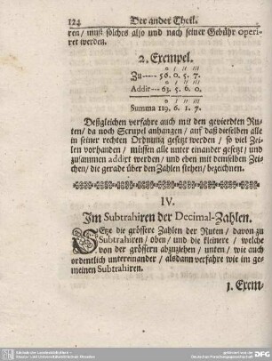IV. Im Subtrhiren der Decimal-Zahlen.