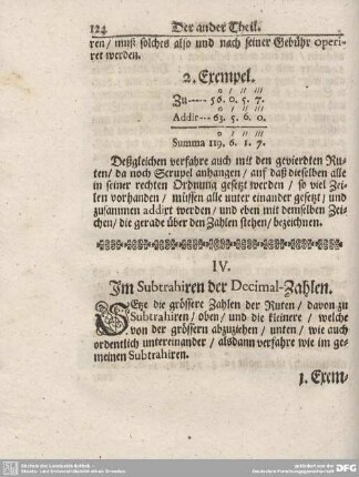 IV. Im Subtrhiren der Decimal-Zahlen.