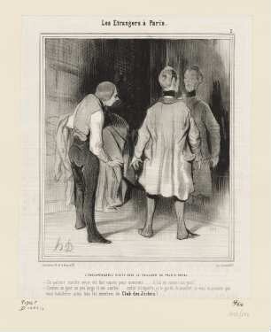 L’Indispensable visite chez le tailleur du Palais-Royal, Blatt 2 der Folge "Les Étrangers à Paris“, in: "Le Charivari", Paris 1844