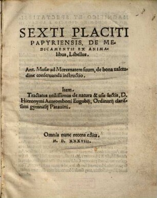 Sexti Placiti De medicamentis ex animalibus, libellus
