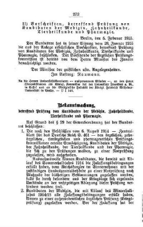 Vorschriften, betreffend Prüfung von Kandidaten der Medizin, Zahnheilkunde, Tierheilkunde und Pharmazie : [B. Universitäten]
