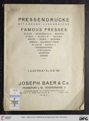 Nr. 765: Lagerkatalog / Josef Baer & Co., Frankfurt a.M.: Pressendrucke : mit Anhang: Luxusdrucke
