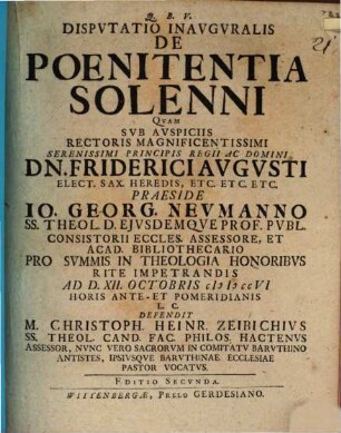 Dispvtatio Inavgvralis De Poenitentia Solenni
