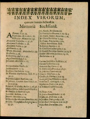 Index Virorum, quorum mentio facta est in Memoria Sachsiana.