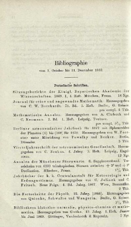 Bibliographie vom 1. October bis 31. December 1869.